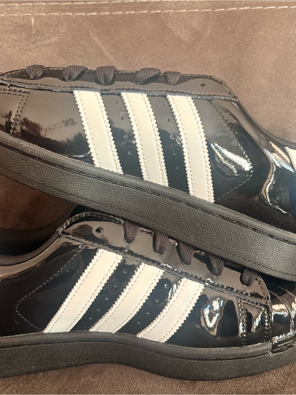 Adidas Superstars Black Patent Leather Sneakers with White Stripes - Womens